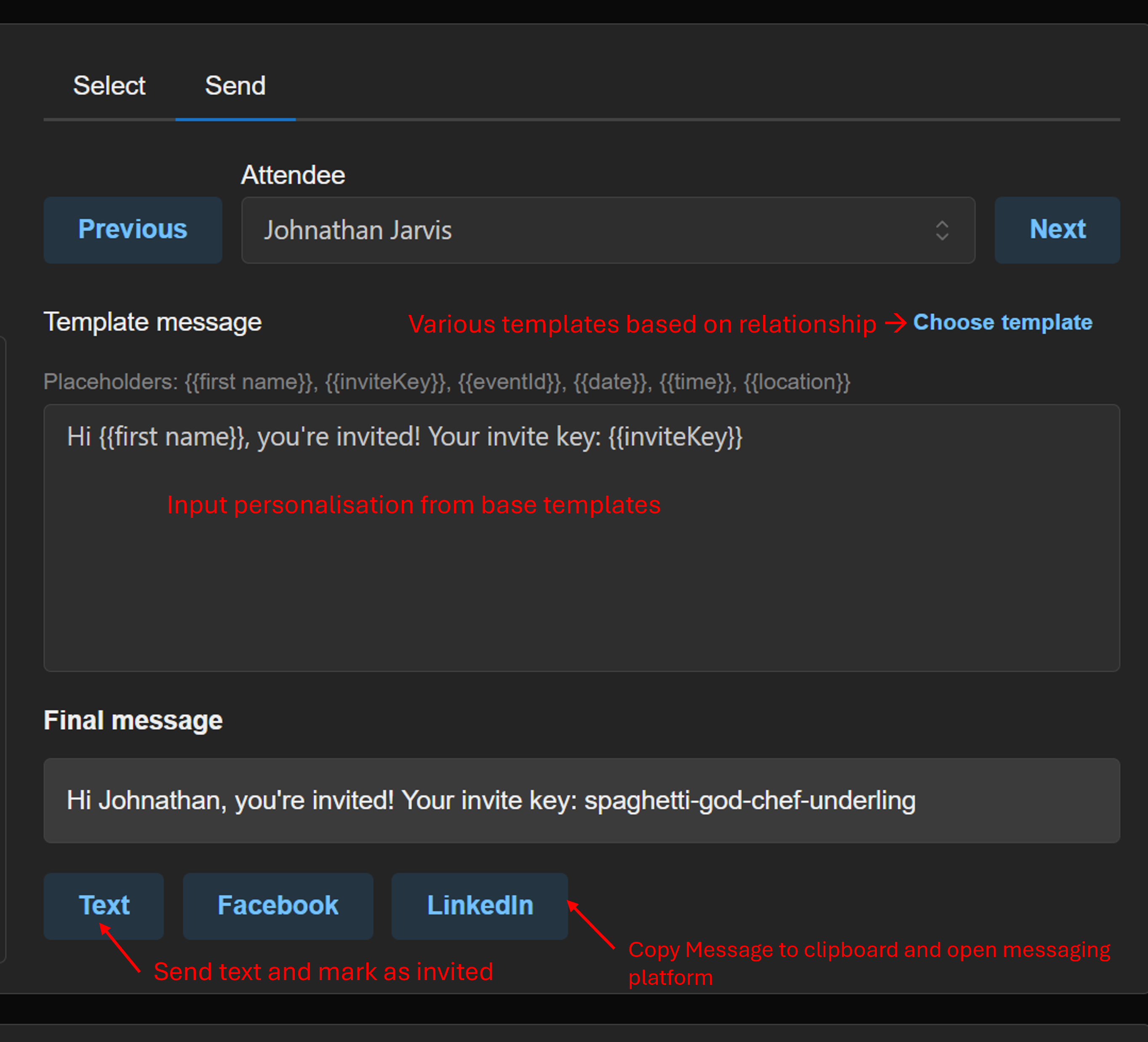 Admin send panel: draft message from template with invite link and event details